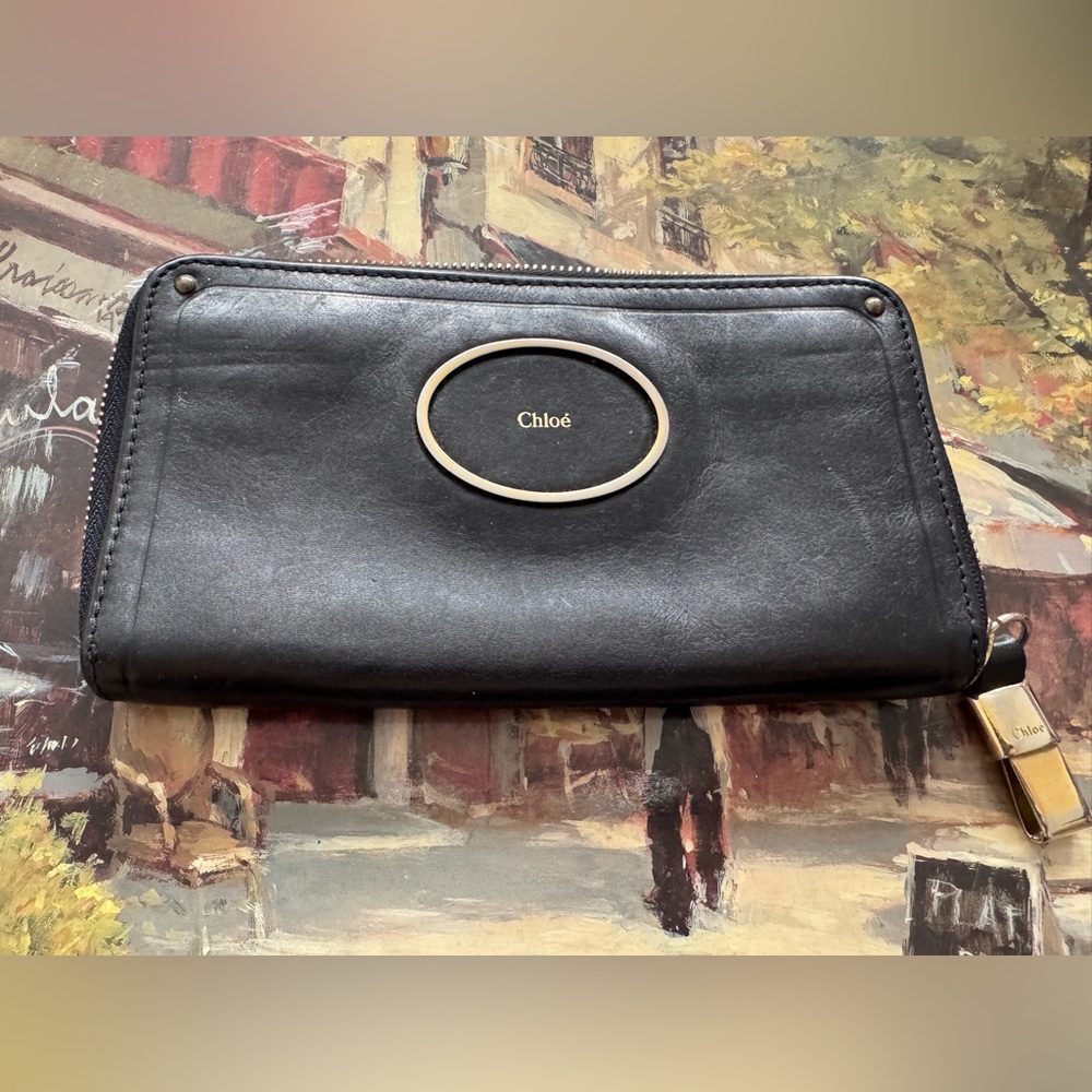 Chloe Black Leather Zip Around Wallet